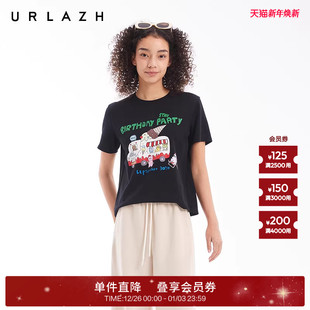 正肩T恤女 黑色减龄夏日派对印花简约圆领短袖 URLAZH有兰夏季 新款
