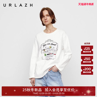 U等等猫咪植绒印花圆领长袖 新款 T恤女 URLAZH有兰2025秋季 商场同款