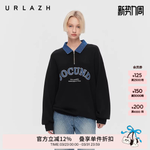 复古风黑色落肩翻领半开襟牛仔拼接卫衣女 美式 URLAZH有兰春季 新款