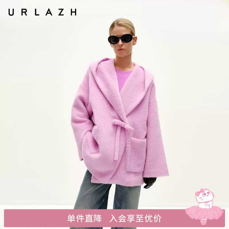 URLAZH有兰冬季新款设计感蝴蝶结扣羊驼毛宽松毛呢连帽浴袍大衣女