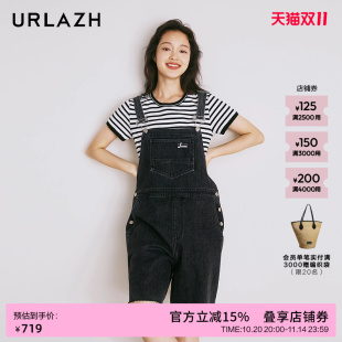 毛边短裤 URLAZH有兰夏季 时尚 复古黑色休闲宽松减龄背带裤 女 新款