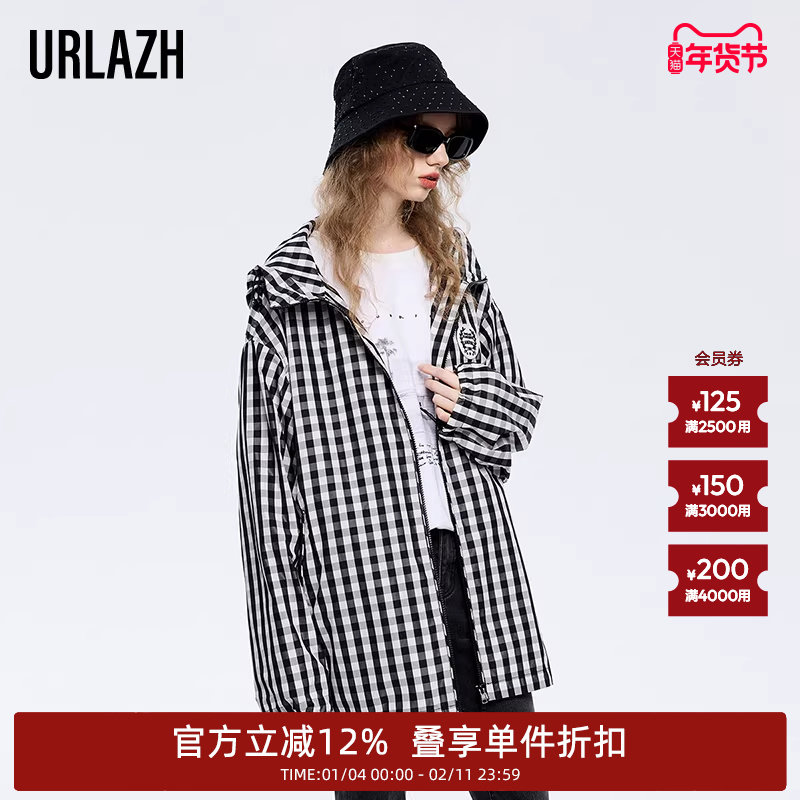 URLAZH有兰春秋新款复古黑白格纹简约宽松休闲轻薄连帽外套女