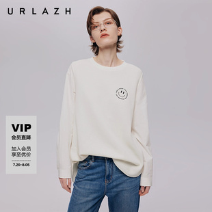URLAZH有兰秋季 上衣笑脸绣花白T恤 新款 潮流宽松百搭简约圆领长袖
