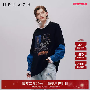 T恤 街头潮感上衣休闲宽松假两件圆领百搭长袖 URLAZH有兰秋季 新款