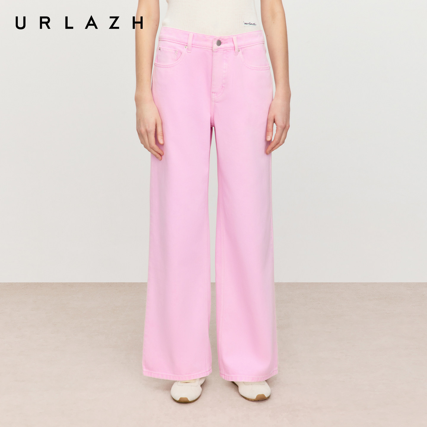 商场同款URLAZH有兰2026春季新款糖果粉色高腰宽松阔腿全棉牛仔裤