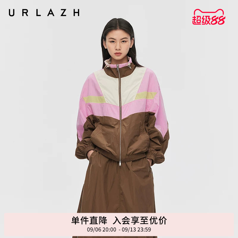 URLAZH有兰春季新款几何撞色拼接休闲运动学院风落肩宽松立领外套