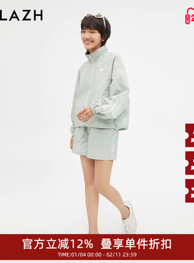 URLAZH有兰新款青色宽松直筒松紧腰运动休闲短裤女JM3PA31