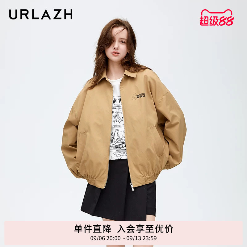 URLAZH有兰新款复古趣味印花设计感卡其色休闲宽松夹克短外套女