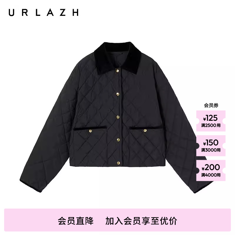 【90%鹅绒】URLAZH有兰秋季新款黑色休闲菱格纹轻薄羽绒服外套女