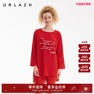 桑蚕丝T恤上衣女 复古番茄红宽松印花圆领长袖 URLAZH有兰夏季 新款
