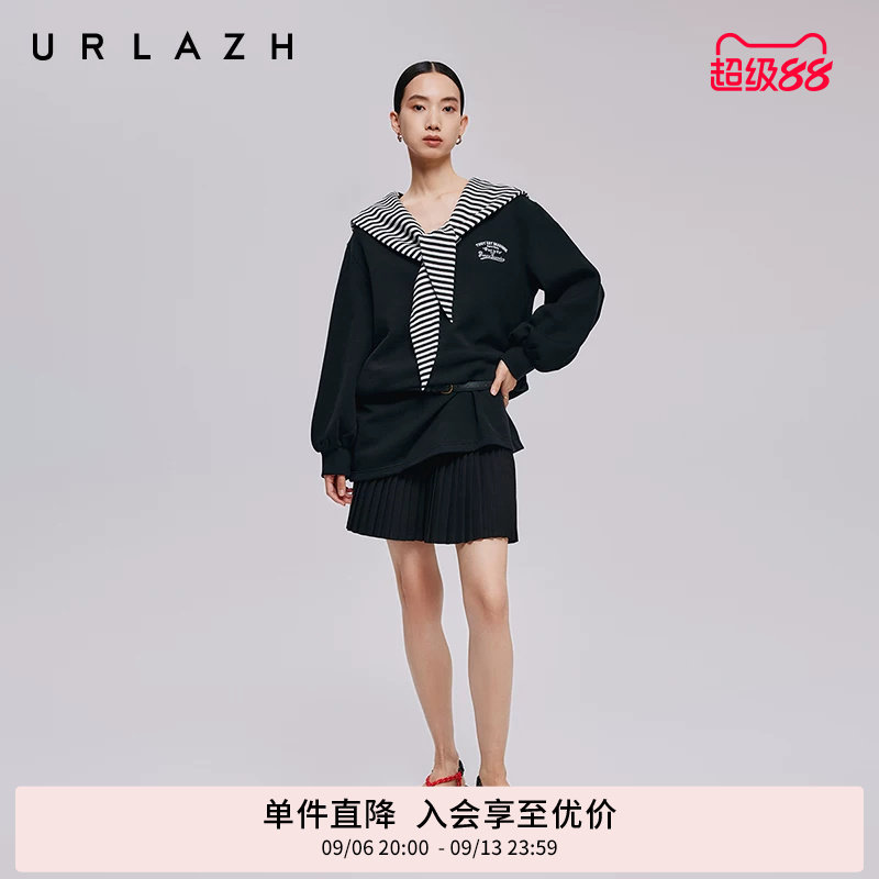URLAZH有兰秋季新款减龄学院风廓形海军领条纹披肩卫衣连衣裙女