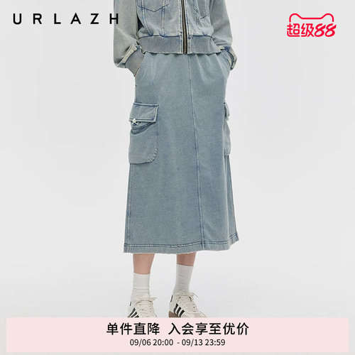 urlazh/有兰复古蓝做旧牛仔半裙
