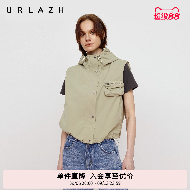 URLAZH有兰秋季新款前卫酷飒风休闲立领连帽户外工装无袖马甲外套