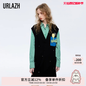 URLAZH有兰春秋新款复古黑色气质宽松钩花针织背心连衣裙