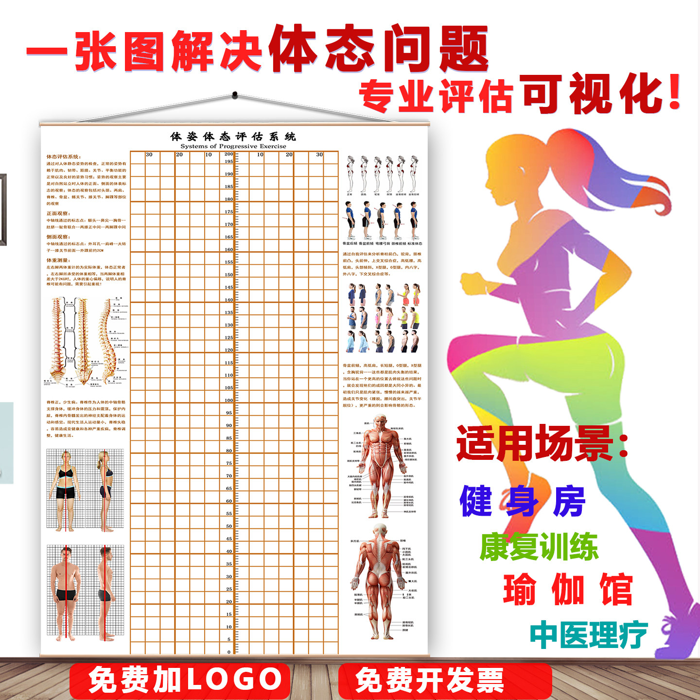 体态评估表墙纸贴式体测健身房瑜伽馆私教身体形姿矫正网格对比图