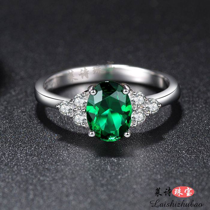 祖母绿戒指女韩版彩色宝石指环纯银镀18k金情侣戒指彩宝首饰珠宝