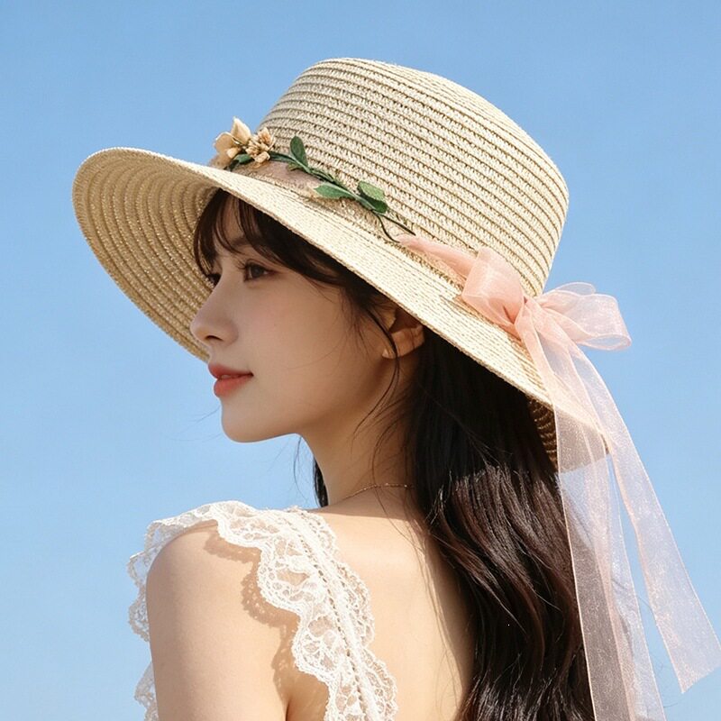 夏季花环遮阳帽女夏天帽子韩版太阳帽沙滩户外平顶礼帽防晒草帽