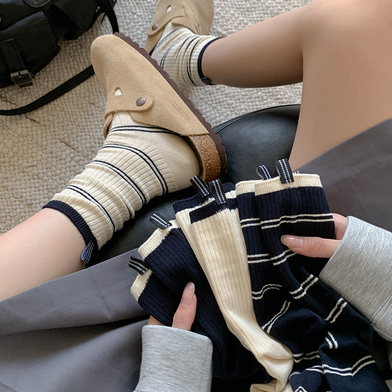 匹克企鹅秋冬袜子女中筒袜藏青色条纹ins潮短袜网红薄款春秋布标