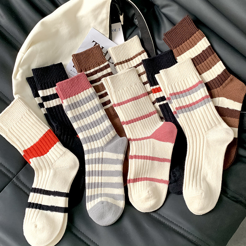 匹克企鹅条纹袜子女中筒袜ins潮纯棉日系学院风春秋季外穿长筒堆
