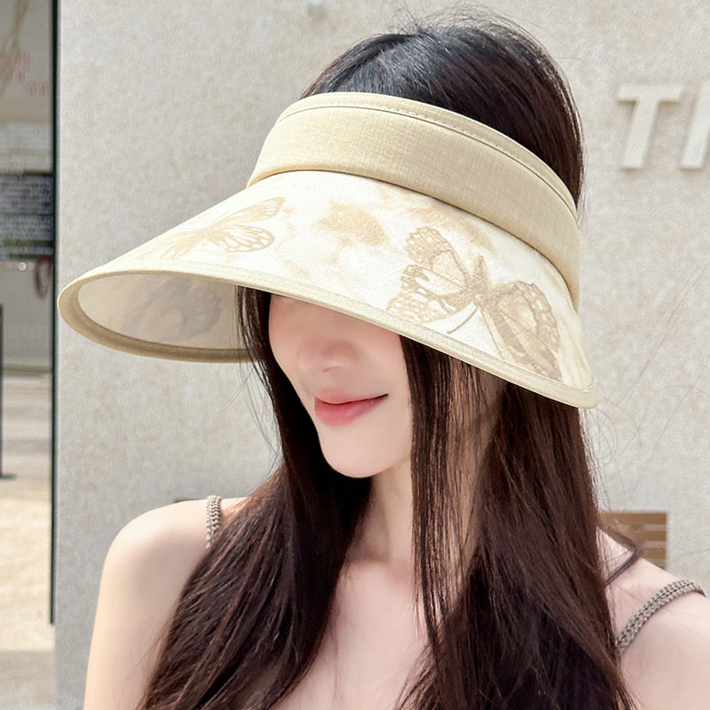 韩版蝴蝶印花空顶防晒帽子女夏季大帽檐遮阳帽防紫外线遮脸太阳帽