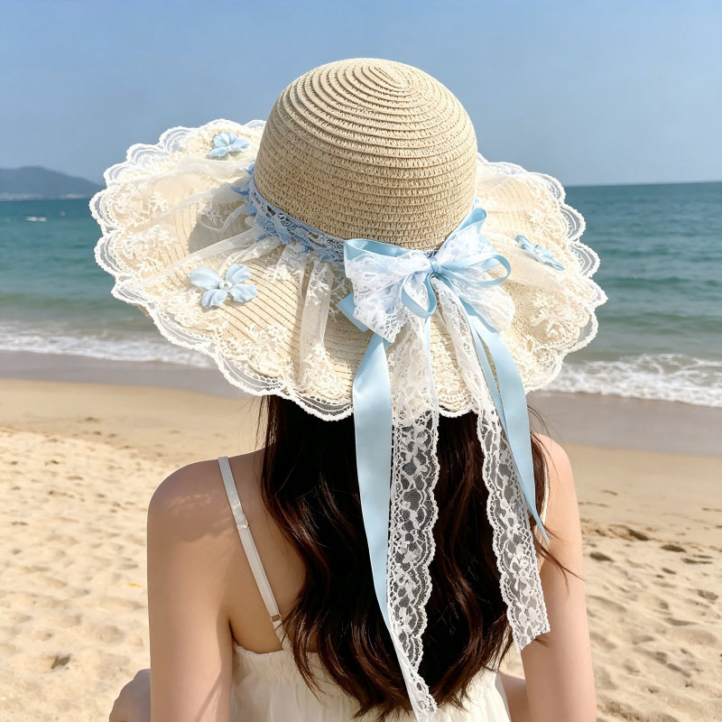 蕾丝花边大帽檐草帽子女夏季海边防晒遮阳帽韩系甜美蝴蝶结沙滩帽