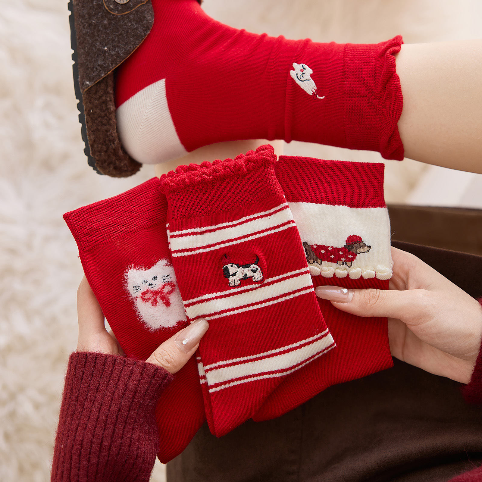 马年本命年红袜中筒袜