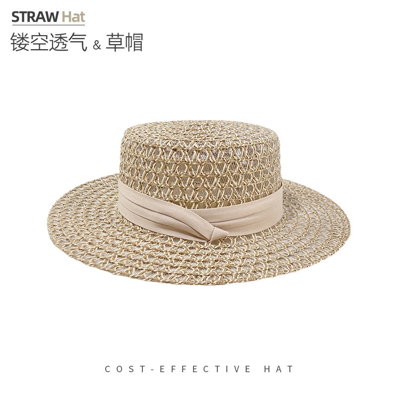 老钱风复古镂空草编帽子复古英伦风女士夏季海边防晒遮阳平顶草帽