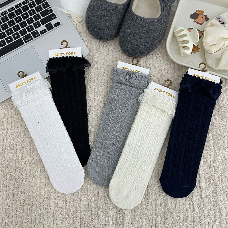 匹克企鹅蕾丝花边袜子女中筒袜春秋百搭日系甜美麻花纹jk堆堆袜女