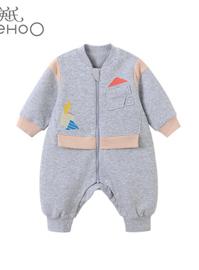 英氏婴儿连体衣春秋双层休闲保暖长爬男宝宝长袖蛤衣YRHAJ31158A