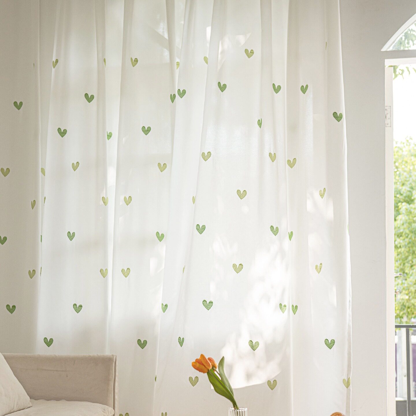 清新绿爱心刺绣白纱帘客厅卧室飘窗透光不透人窗帘少女心装饰窗纱
