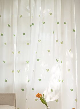 清新绿爱心刺绣白纱帘客厅卧室飘窗透光不透人窗帘少女心装饰窗纱