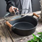 铸铁平底锅加深双耳炖锅加厚煎锅家用烙饼水煎包生铁涂层不粘锅