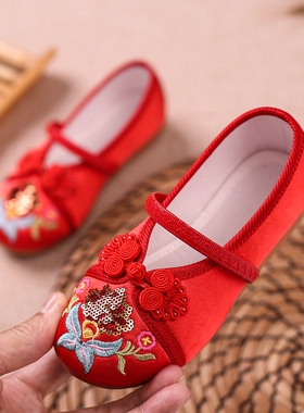 23新款纯手工布鞋女童汉服绣花鞋民族风公主鞋儿童古装表演舞蹈鞋