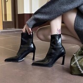 黑色尖头细跟瘦瘦短靴气质高跟弹力靴女 经典 强推 2025秋冬新款