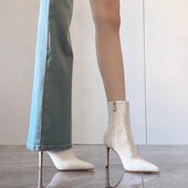 巨好看白色绒面高跟短靴女秋冬气质尖头细跟瘦瘦靴 韩版 25新款 法式