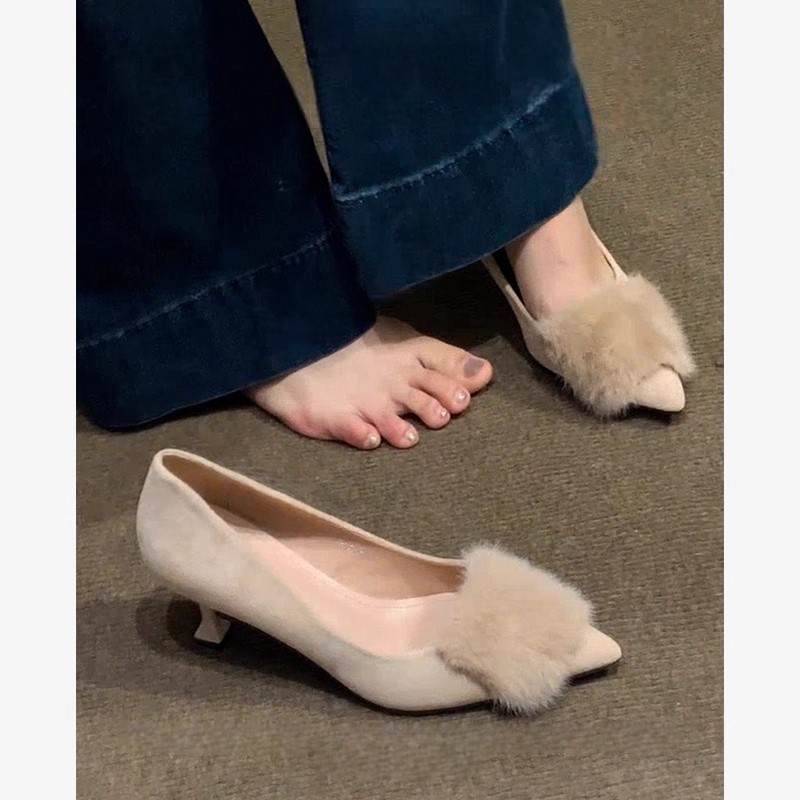 加绒单鞋尖头法式旗袍细跟女鞋