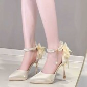 2025性感舒适蝴蝶结高跟鞋 女细跟一字带珍珠链条不累脚防水台凉鞋