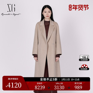 XG雪歌长款设计通勤毛呢外套2025冬季新款卡其色纯山羊绒大衣女装