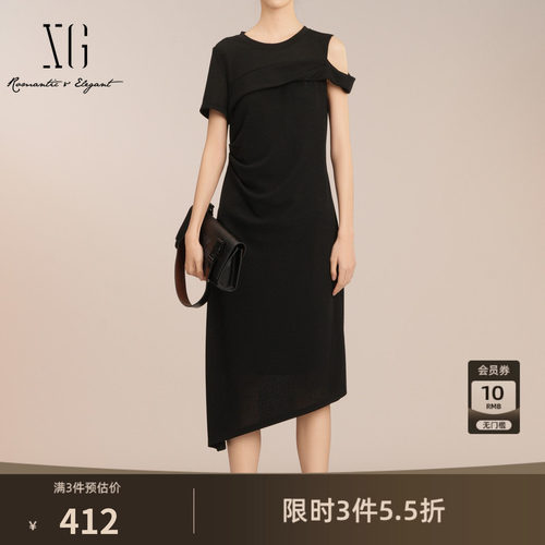 XG雪歌露肩设计不规则连衣裙2025春季新款黑色短袖套头中长裙女装