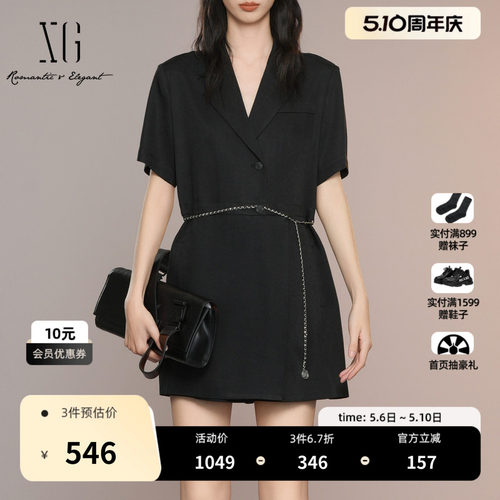 XG雪歌黑色通勤简约翻领连衣裙2025夏季新款链条装饰短袖A字裙女