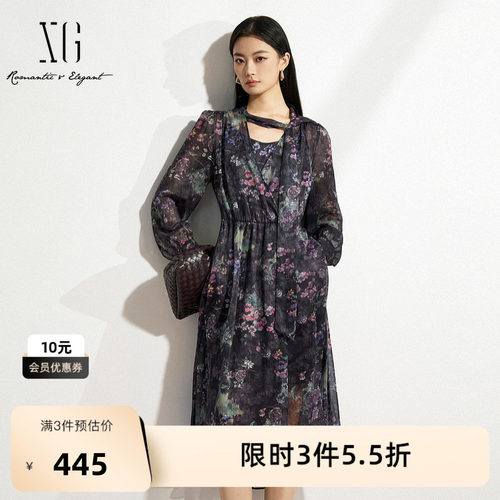 XG雪歌碎花两件套长袖连衣裙2025春季新款系带领设计套头中长裙女