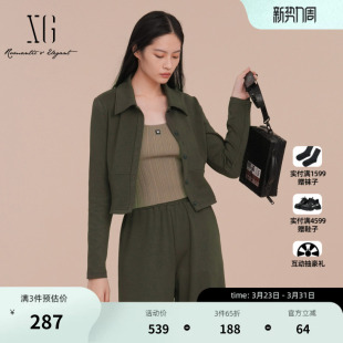 新款 2025春季 修身 短款 XG雪歌通勤简约长袖 军绿色上衣女装 翻领衬衫