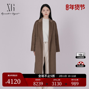 XG雪歌复古咖色长袖毛呢外套2025冬季新款通勤长款纯山羊绒大衣女
