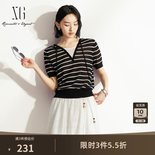 XG雪歌黑白条纹V领假两件短袖针织衫 2026夏季新款直筒休闲简约女