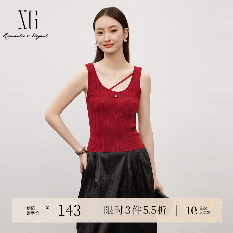 XG雪歌红色短款毛织无袖背心2025春季新款设计感工字打底内搭女装