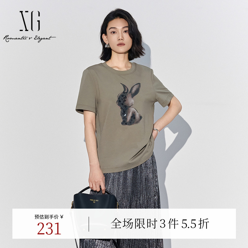 XG雪歌创意动物印花灰色短袖T恤2025夏季新款淑女风圆领上衣女装