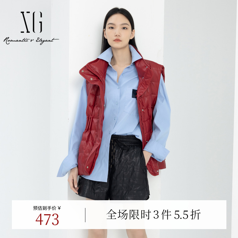XG雪歌压褶设计白鸭绒羽绒服时尚春季新款翻领设计薄款红色马甲女