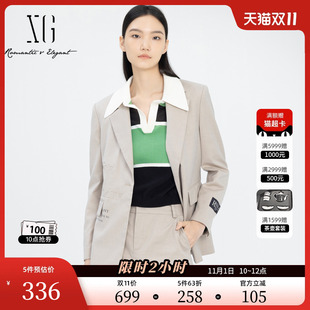 休闲西装 卡其色通勤简约外套女装 时尚 新款 春季 XG雪歌字母印花长袖