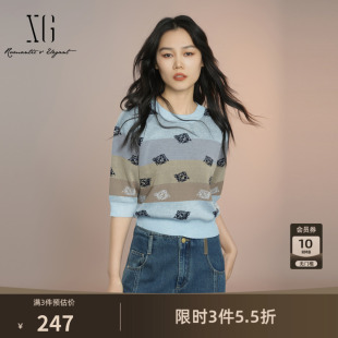 XG雪歌撞色印花短袖毛针织衫2025秋季新款浅蓝色圆领套头毛衫女装