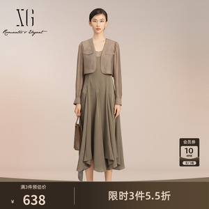 XG雪歌长袖两件套设计连衣裙2025夏季新款军绿色不规则荷叶边裙女